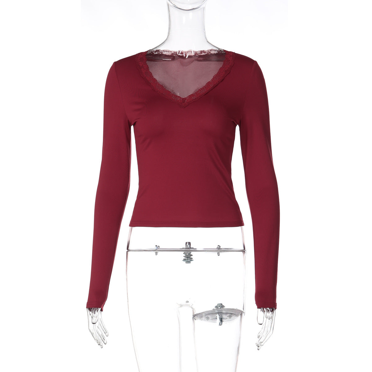 Women Clothing Winter Lace V neck Long Sleeve Top Casual Solid Color Slim Fit T shirt