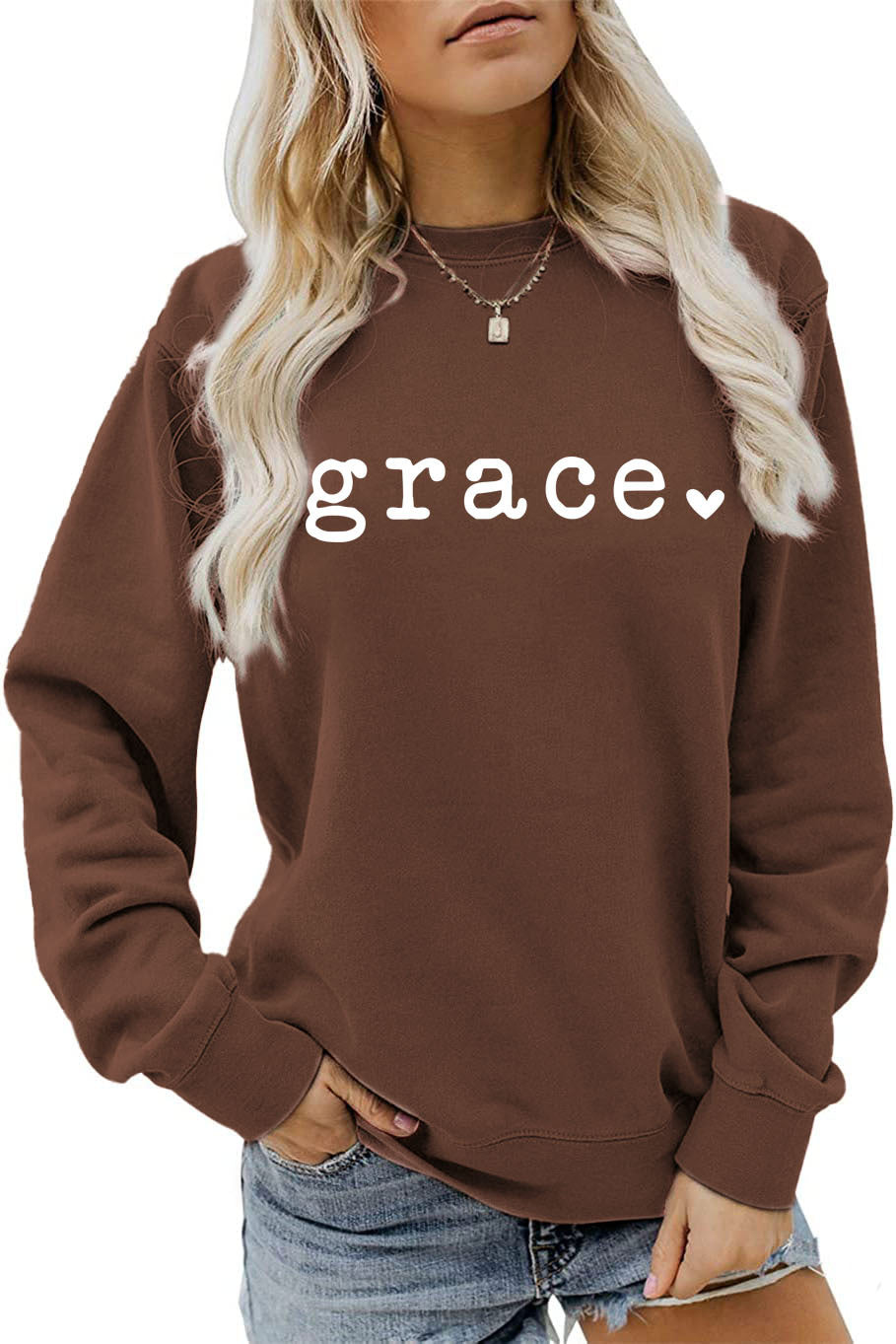 Grace Love Letter Graphic Loose Autumn Winter Bottoming Casual Top Long Sleeve Sweatshirt Women