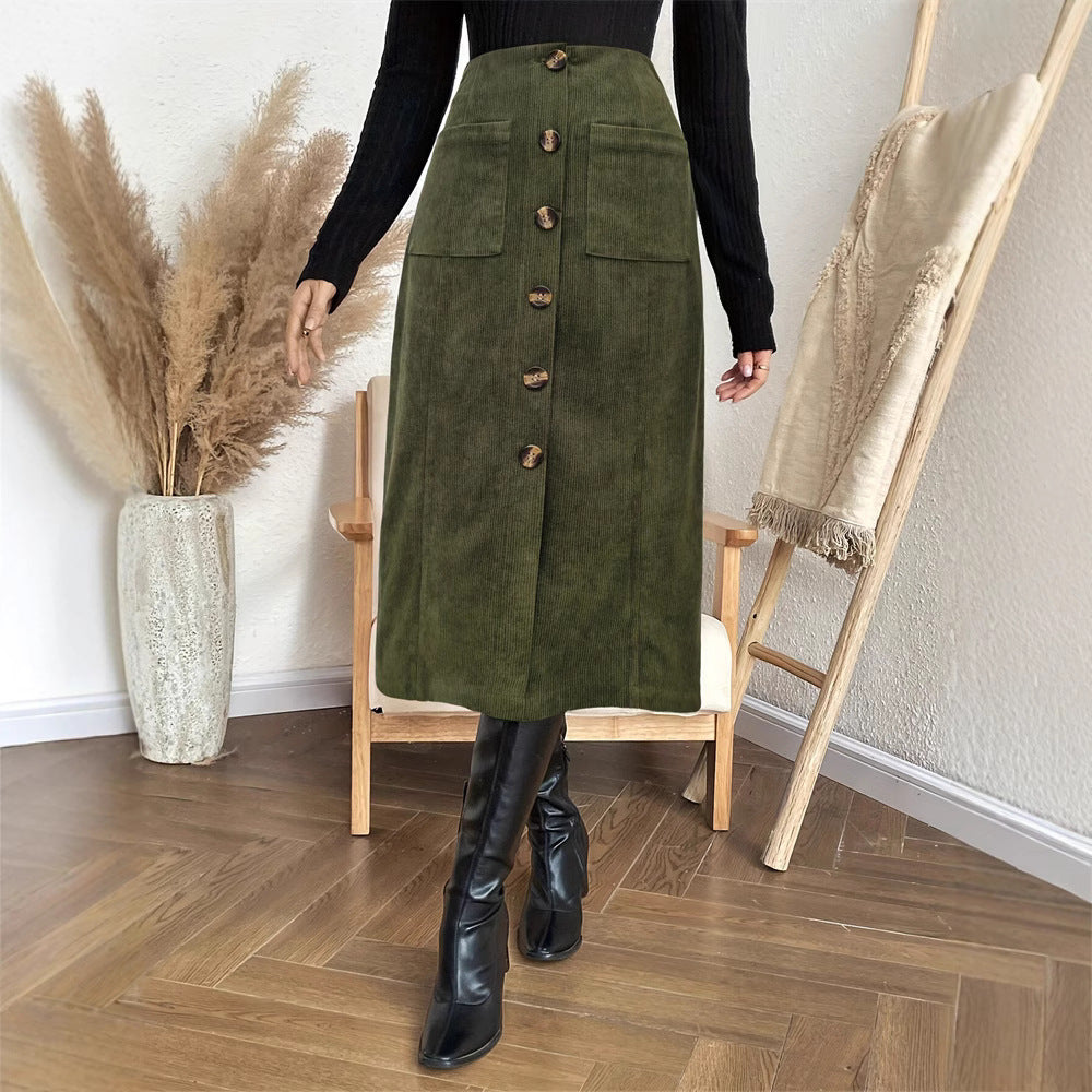 Women Autumn Skirt Casual Office Elastic Waist Breasted Patch Pocket Mock Fly Straight Mid Length Skirt