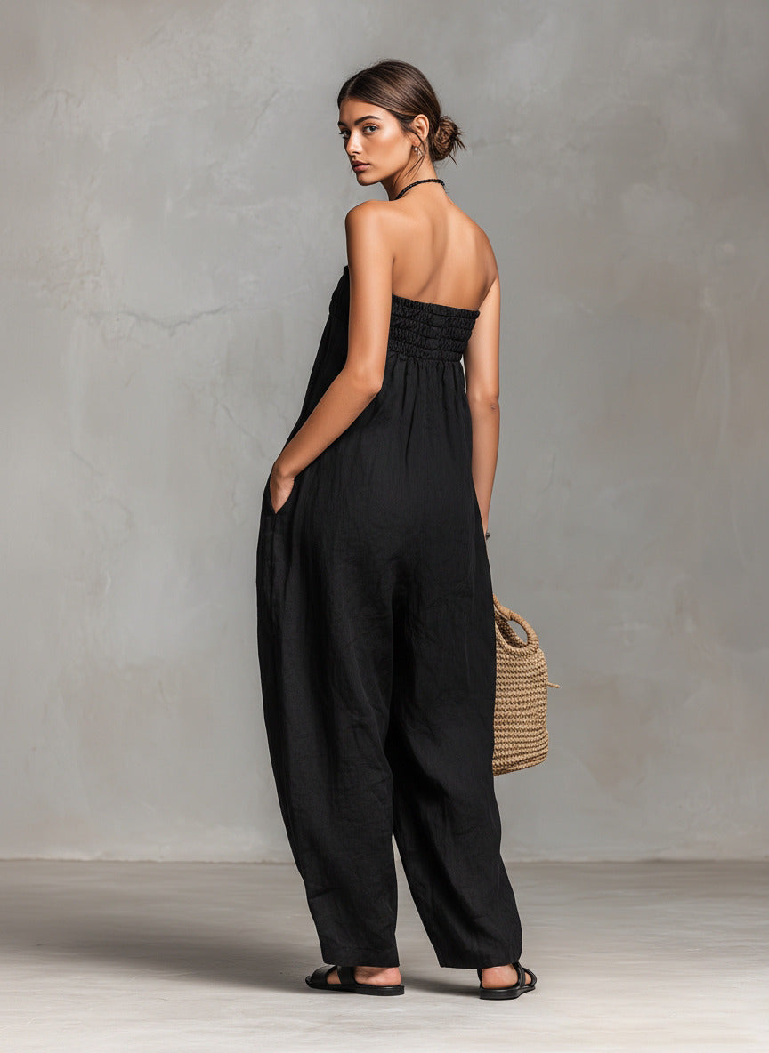 Women Spring Clothing Lace up Tube Top Smocking Jumpsuit Strapless