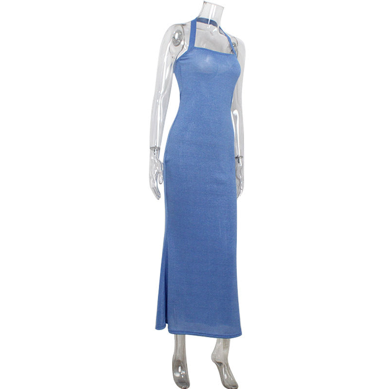 Off Neck Halter Graceful Tube Top Waist Slimming Bright Silk Fishtail Sheath Dress
