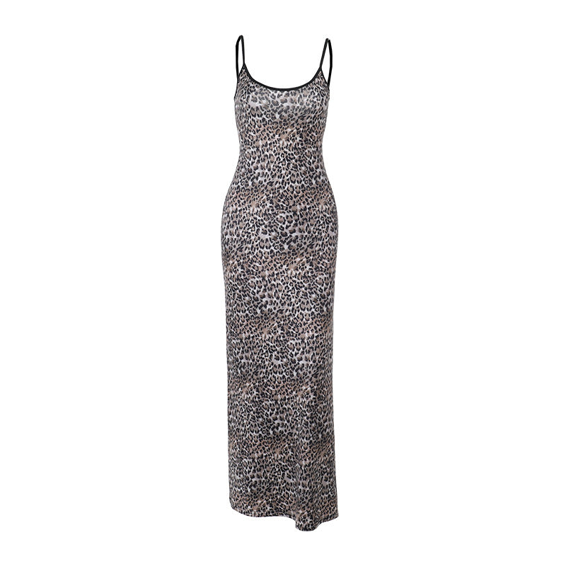 Spring Socialite Elegant Slim Leopard Print Cami Long Dress