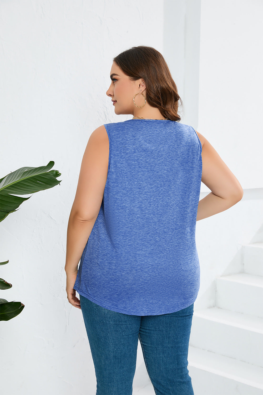 Plus Size Summer Solid Color Square Collar Loose T shirt Vest Top Women