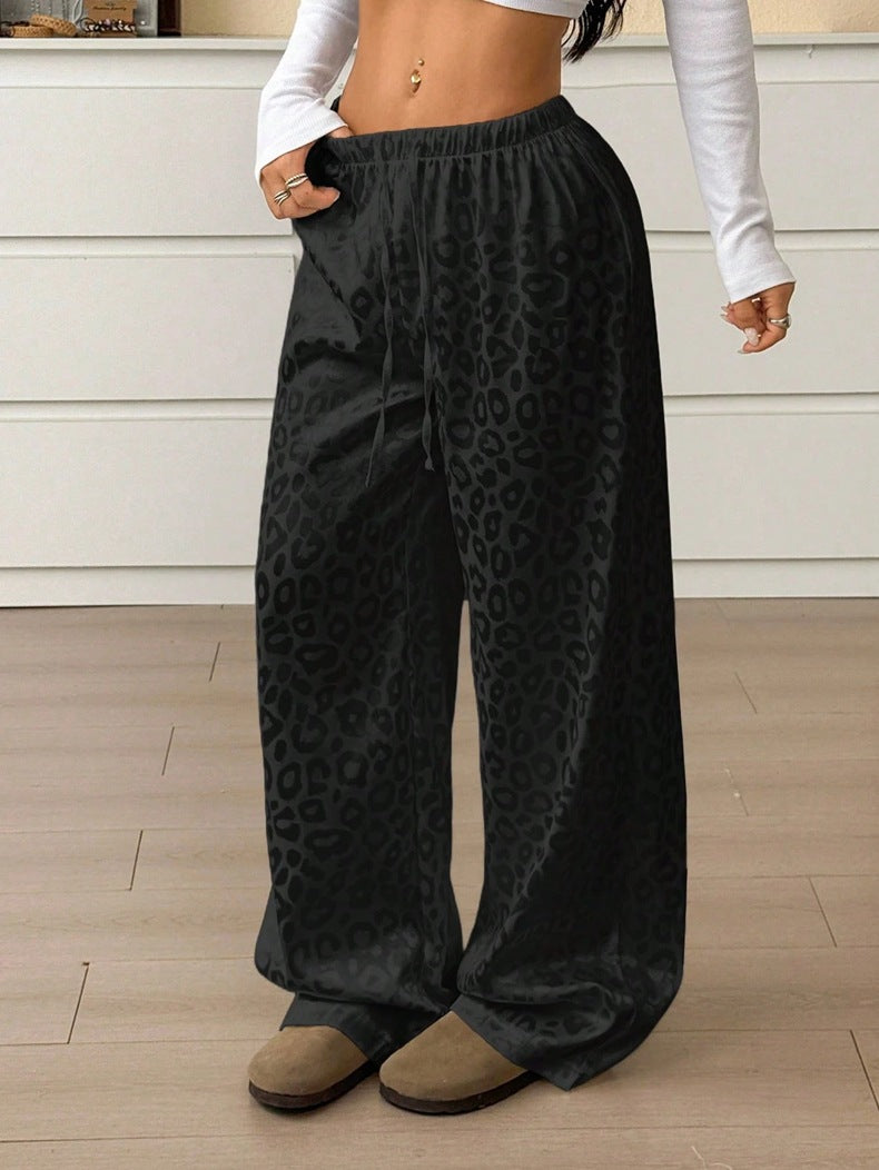 Women Clothing Autumn Satin Casual Pants Drawstring Leopard Print Mop Wide Leg Pants Long Pants