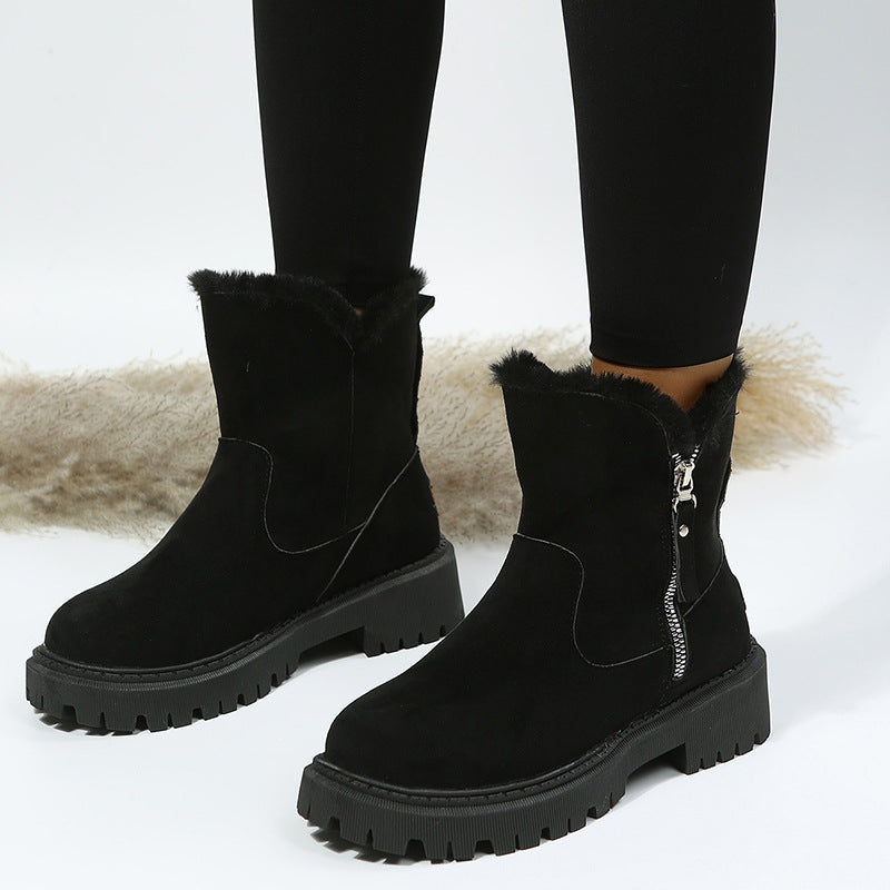 Winter Fleece Lined Short Fur Mouth Snow Boots Women Warm Side Zipper Suede Cotton Boots