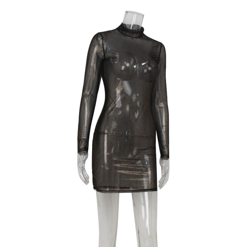 Women Sexy Mesh Long Sleeve Slim Bronzing Thin Glittering Dress Sheath Blouse