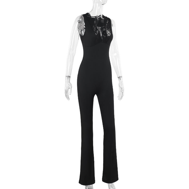 Fall Street Sexy V neck Lace One Piece Bell Bottom Pants
