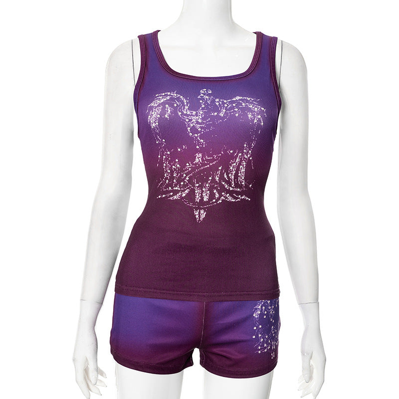 Women Clothing Spring Summer Vest round Neck Blooming Printing Stick on Crystals Sleeveless Elastic Waist Two Piece Sets