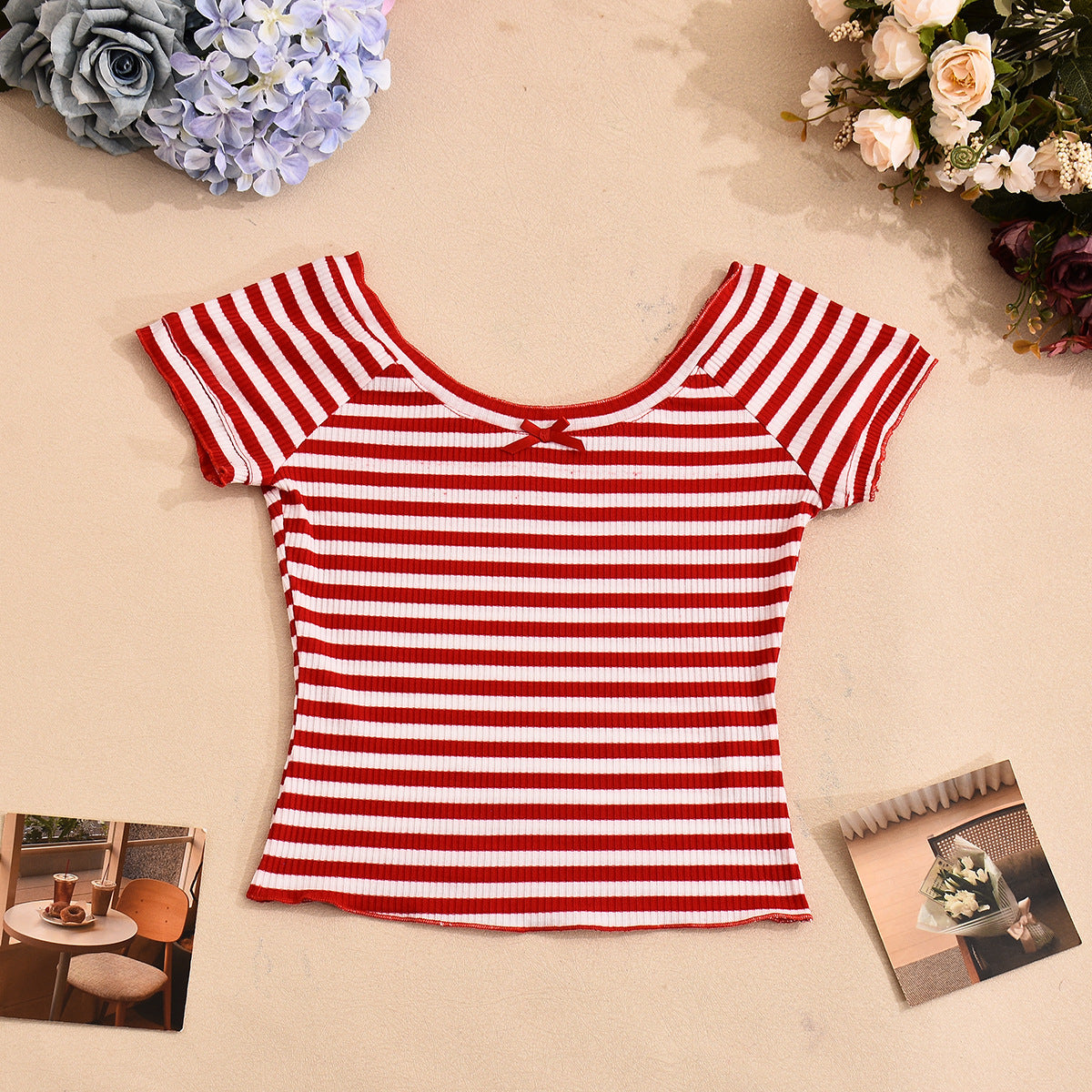 Supply Summer Sexy U Collar Backless Cropped Striped Short Sleeve Shorts Two Piece Sets