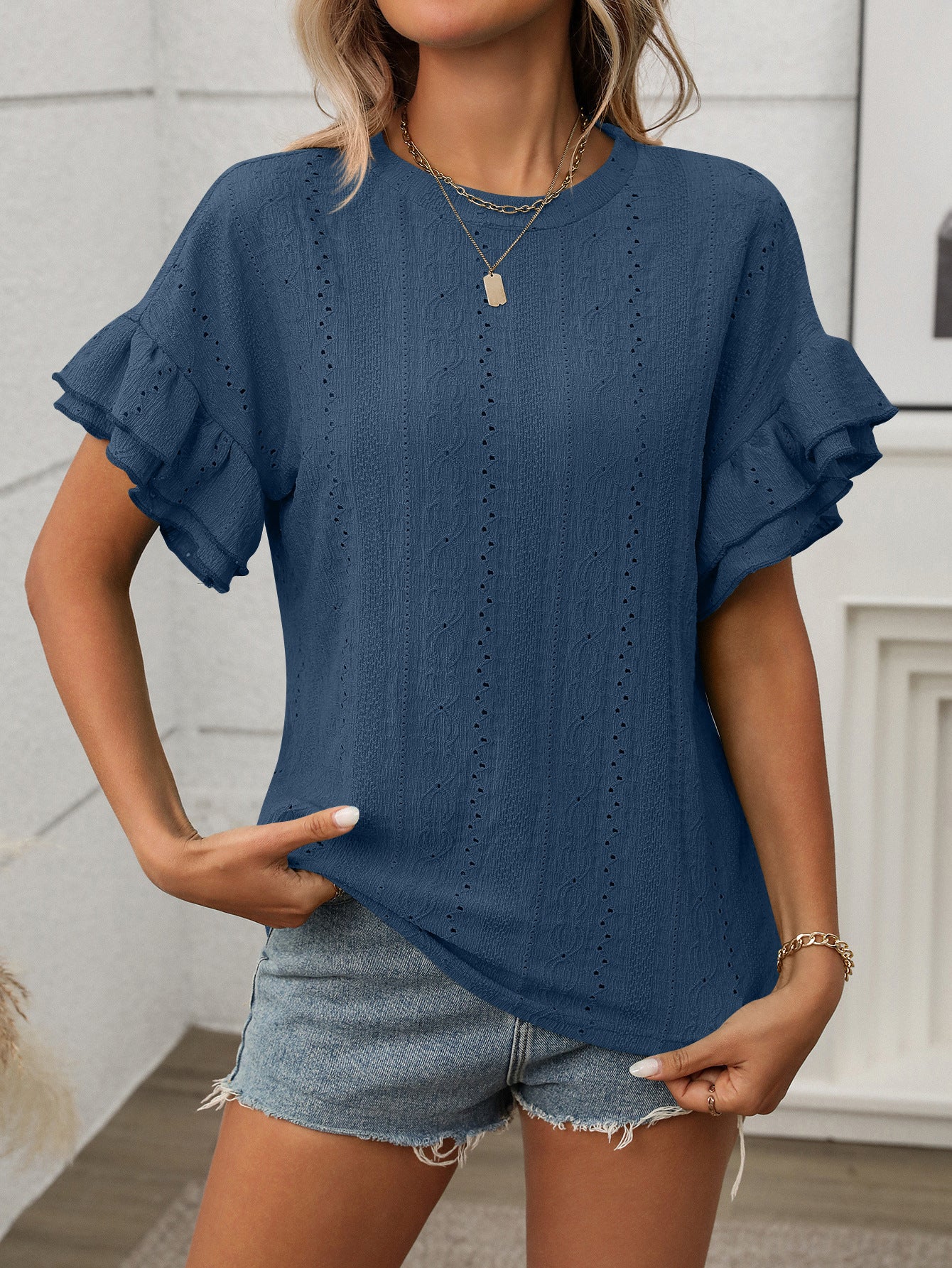 Women Clothing Summer Solid Color round Neck Ruffle Sleeve Short Sleeve T shirt Top