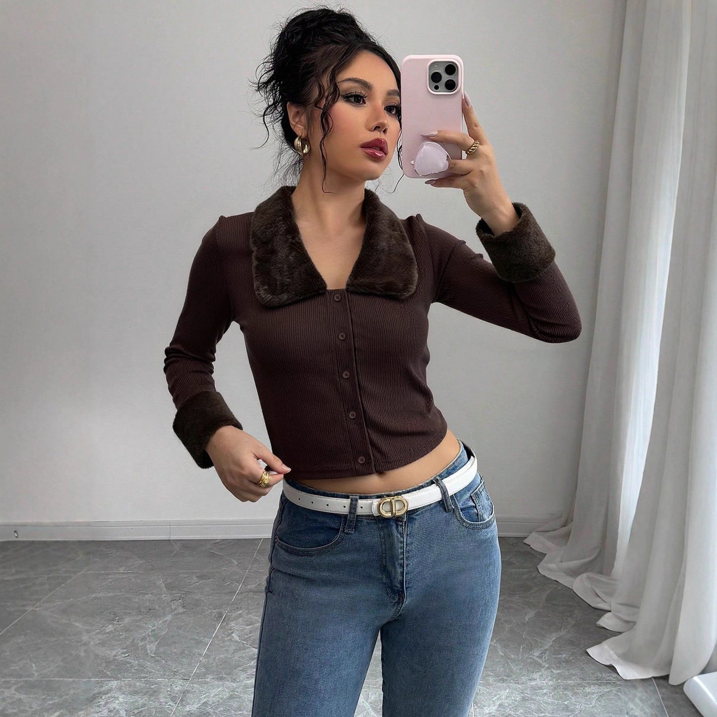 Autumn Winter Sexy Women Top Retro Short Fur Collar Long Sleeve
