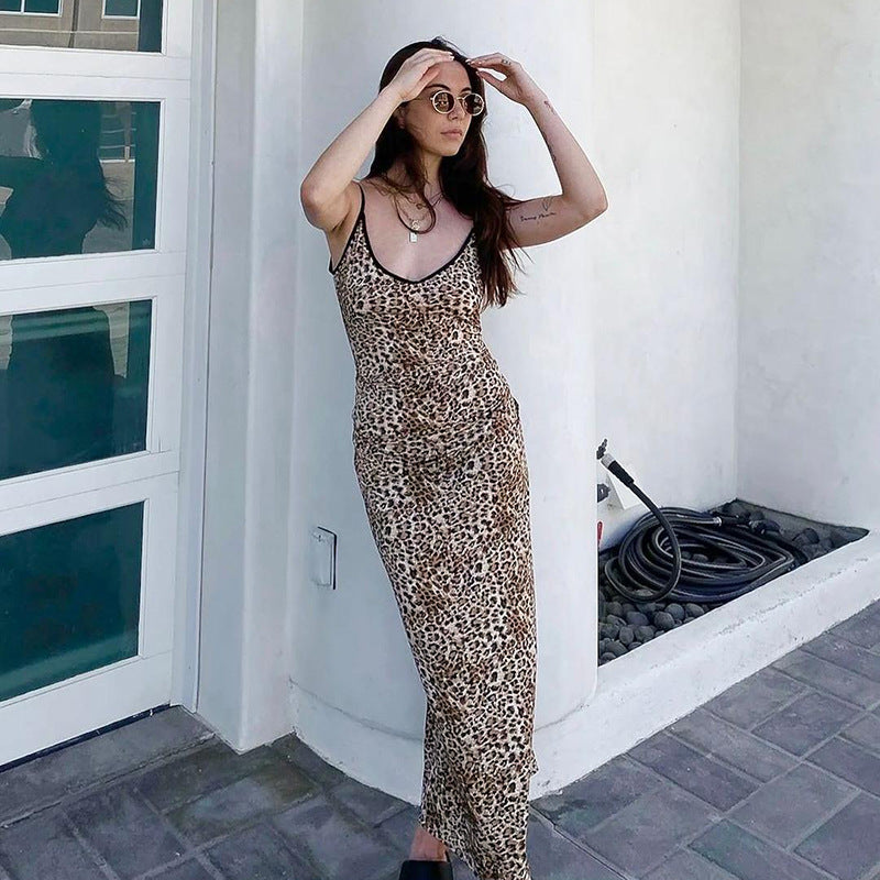 Spring Socialite Elegant Slim Leopard Print Cami Long Dress