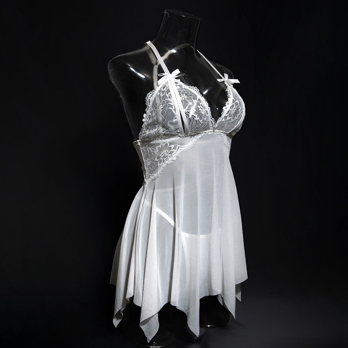 Sexy See through Slip Nightdress White Lady Cute Temptation Irregular Asymmetric Hem Cut Two Piece Set