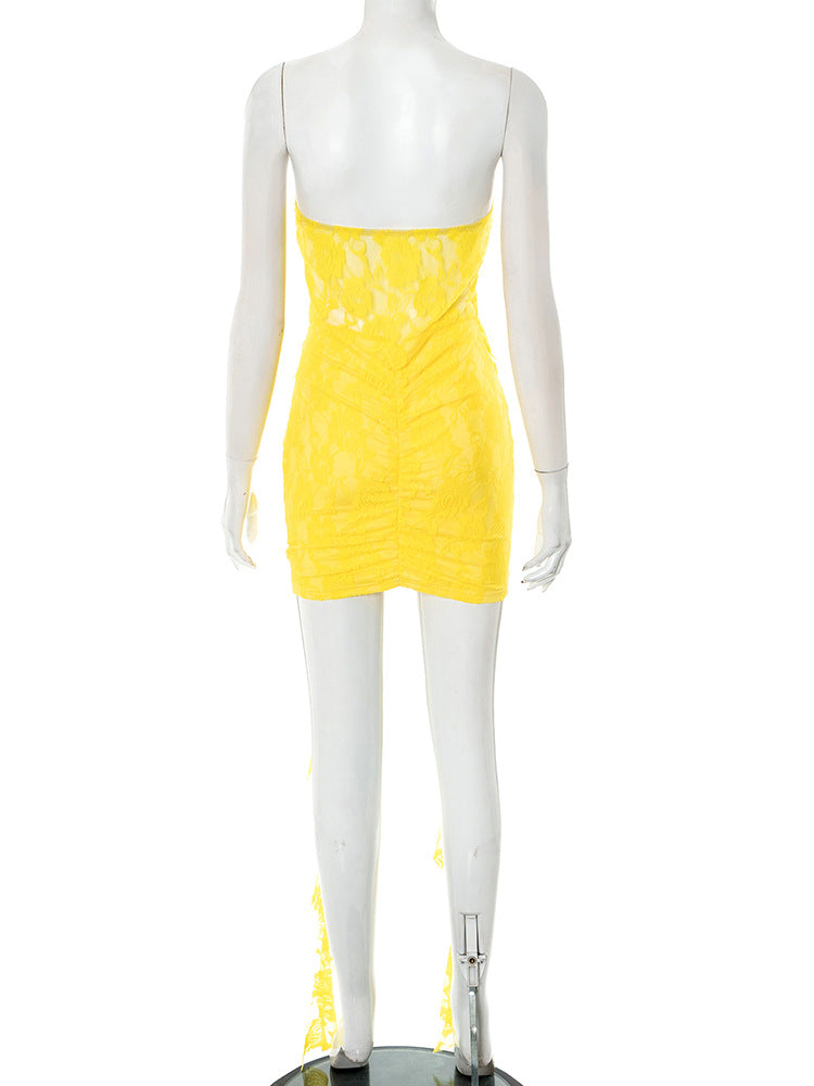 Women Clothing Sleeveless Backless Lace Ribbon Ruffled Skinny Sheath Short Dress
