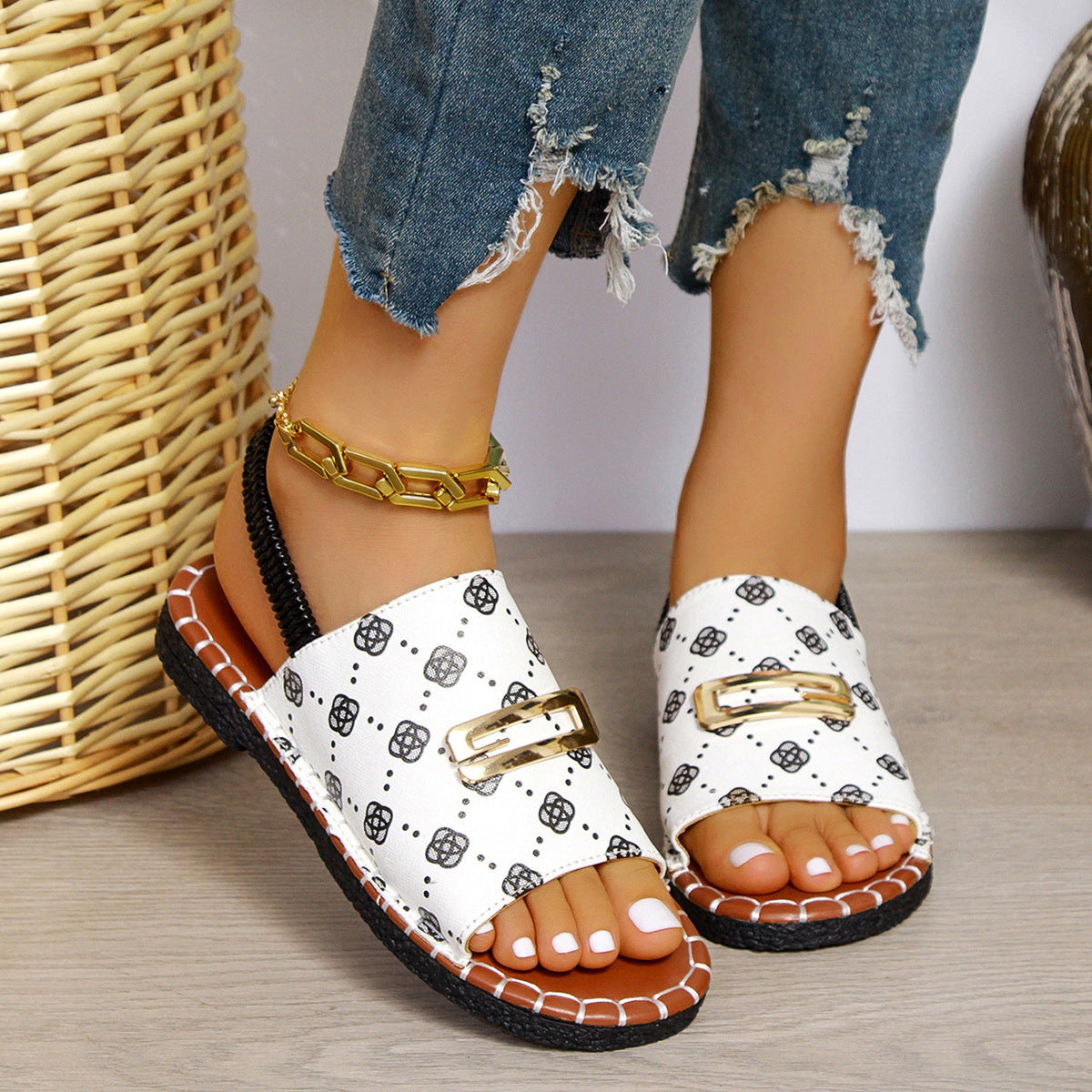 Elastic Band Flat Sandals Women's Cloth Buckle Open Toe Beach Slippers