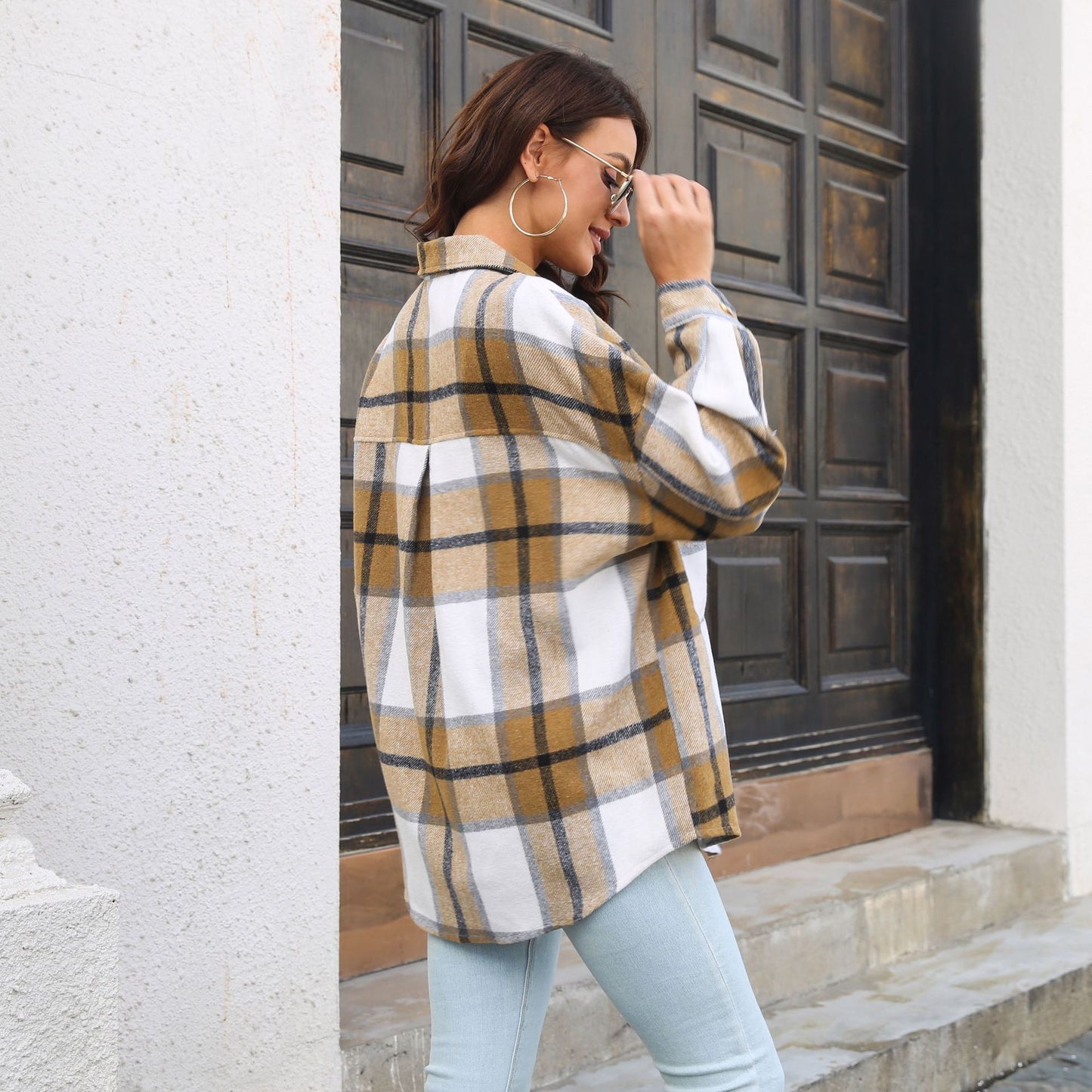 Plaid Coat Women Long Sleeve Mid Length Woolen Shacket Autumn Winter Women Clothing