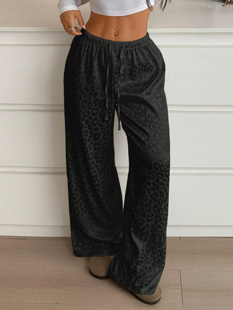 Women Clothing Autumn Satin Casual Pants Drawstring Leopard Print Mop Wide Leg Pants Long Pants