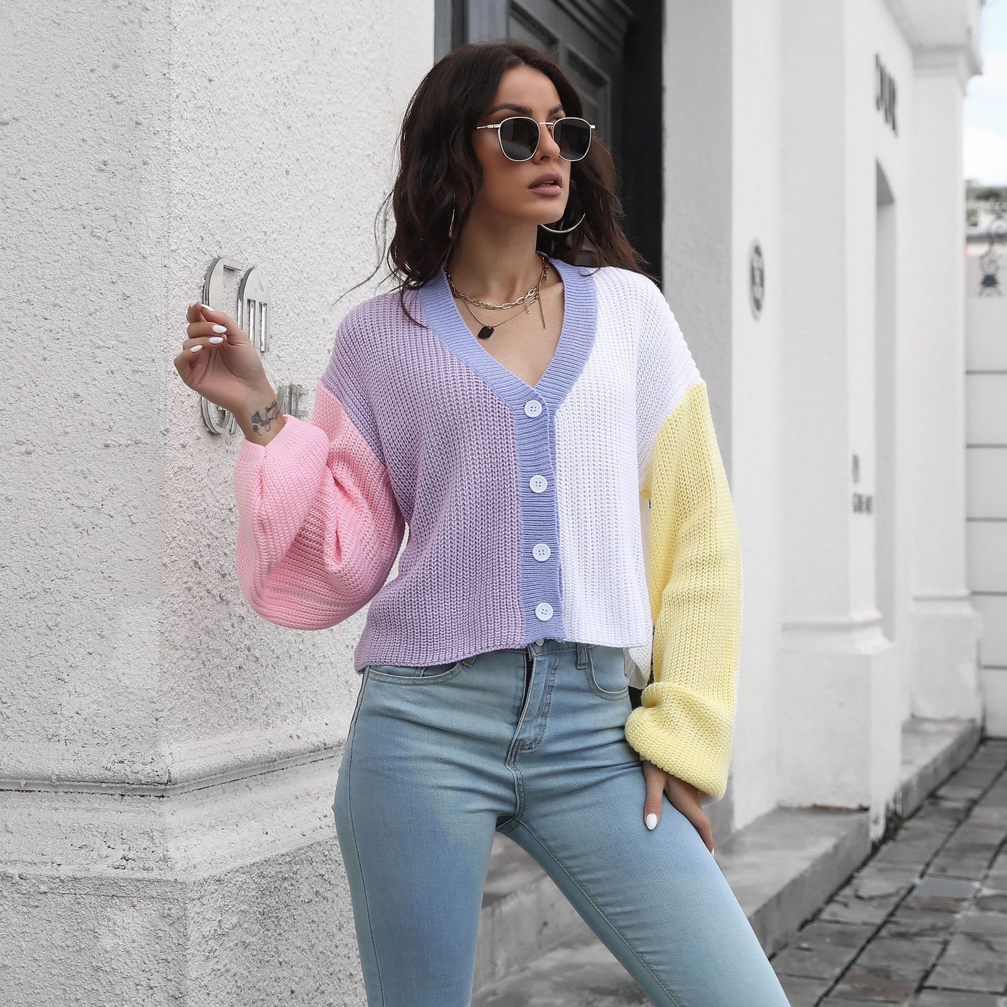 Color Stitching Knitted Cardigan Contrast Color Sweater Women Loose Long Sleeve Short Coat Women Clothing
