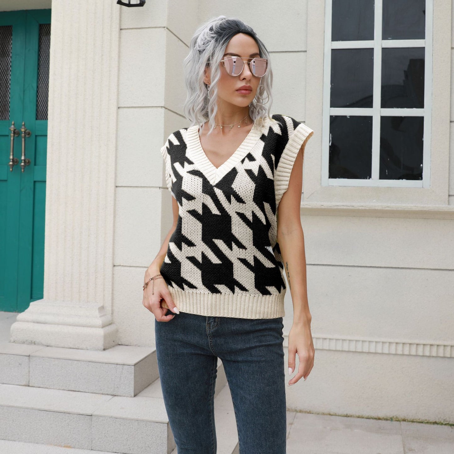 Houndstooth V-neck Vest Sweater Women Vest Outer Wear Inner Wear Autumn Winter Knitwear Sweater Boucle