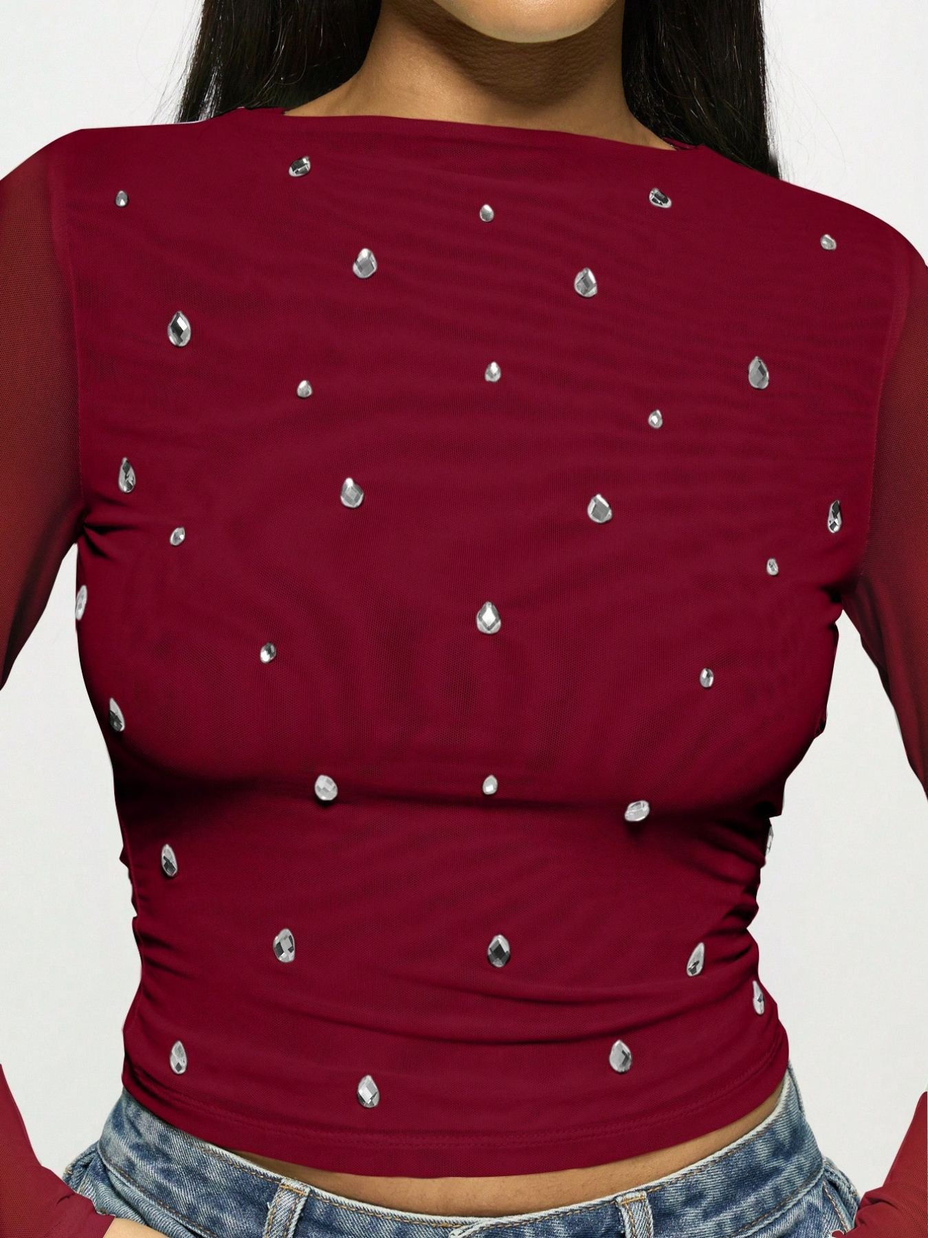 Autumn Winter Long Sleeve Double Layer Mesh Drilling Women Western Bottoming