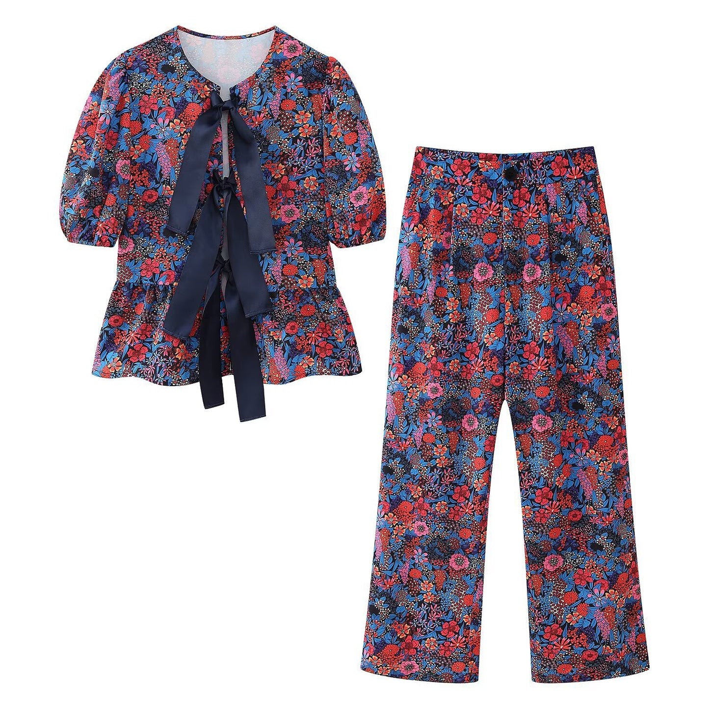 Women Clothing Pastoral Sets Bow Tie Shoulder Floral Puff Sleeve Top Trousers