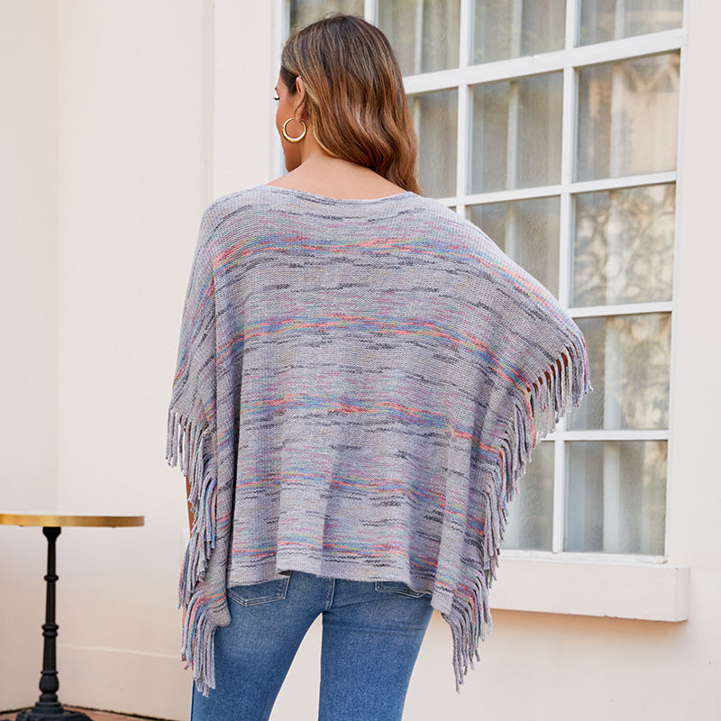 Tassel Cape Shawl Women Autumn Winter Outerwear Striped Knitted Cape