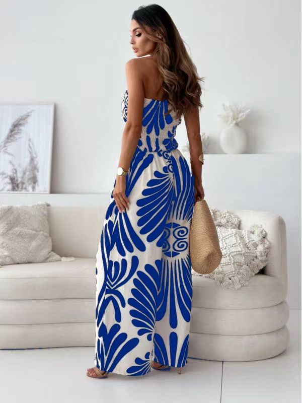Women Clothing Chemical Supply Summer Printed Tube Top Cinched Waist Trousers Jumpsuit