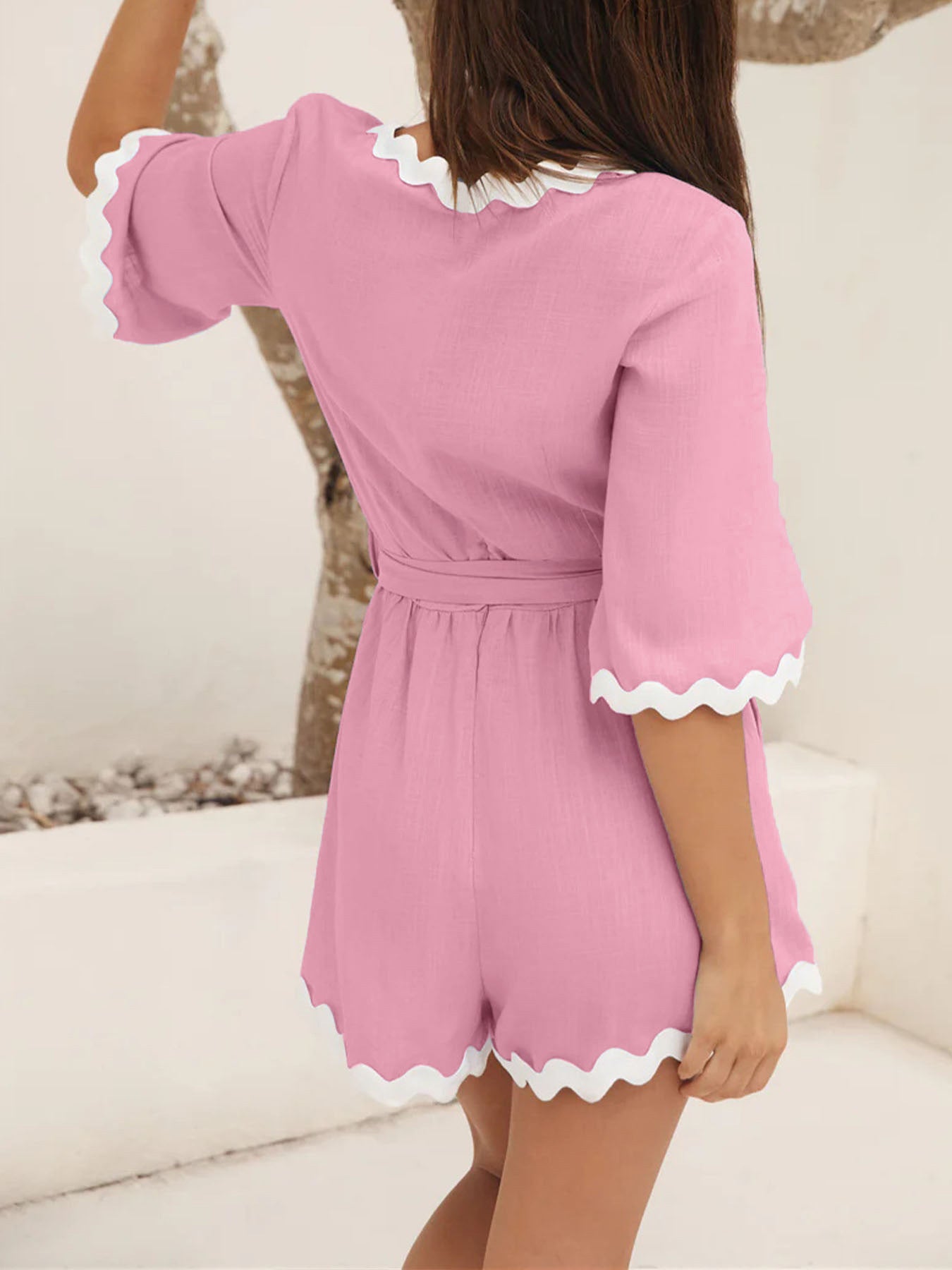 Jumpsuit V neck Tight Waist Lace Stitching Romper