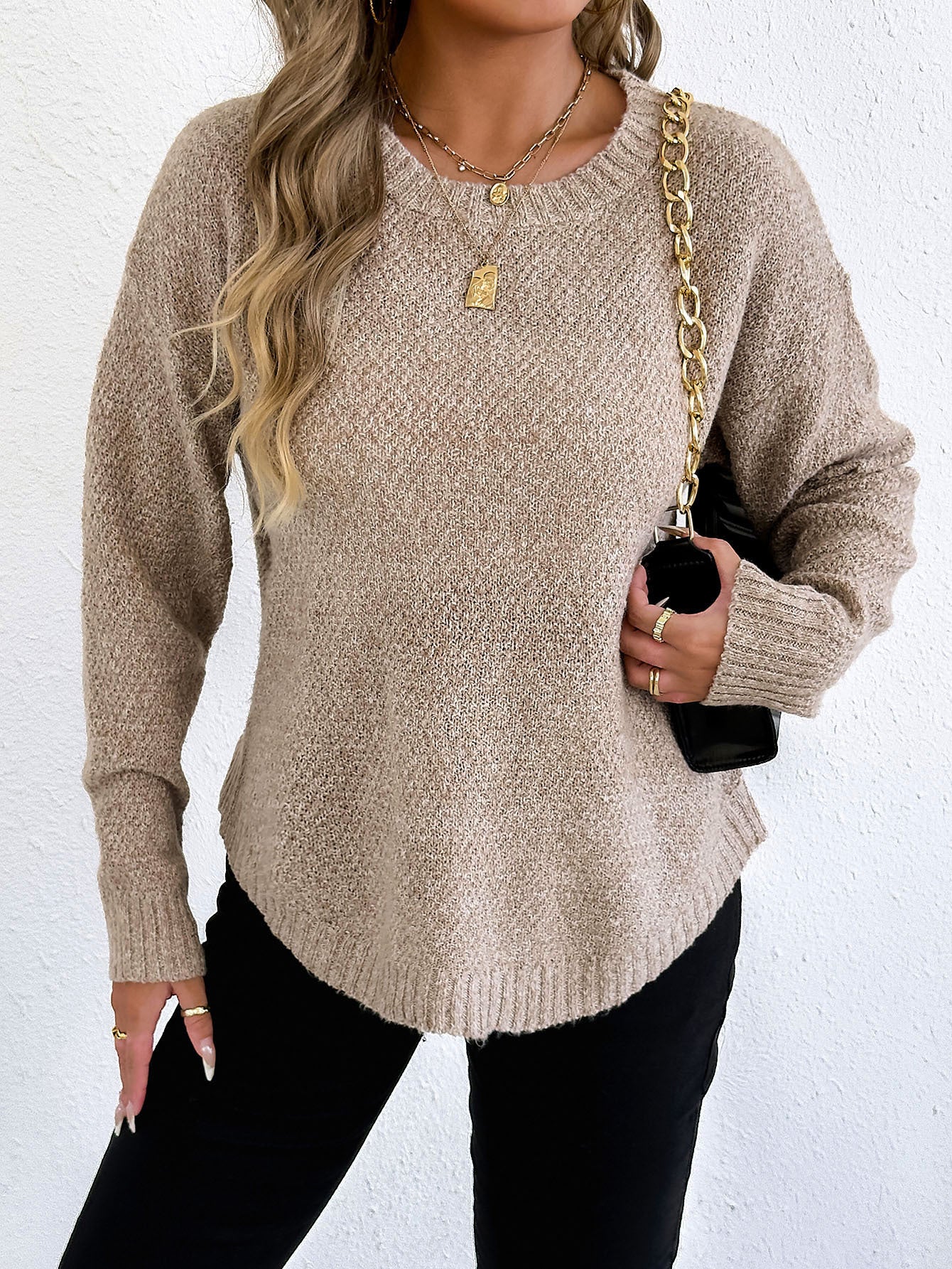 Women Autumn Winter Pullover Top Women Clothing Velvet Woven Sweater Casual Bottoming Shirt round Neck Sweater