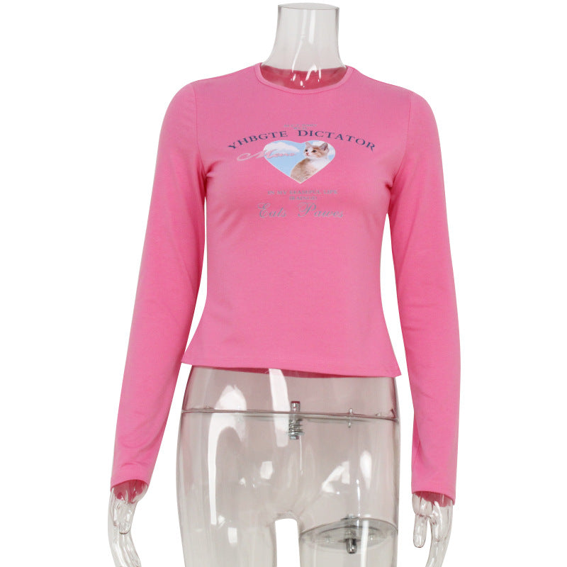 Spring Summer Pink Sweet Girl Girlish Tight Long Sleeve Cute Printed Sexy Sexy Top