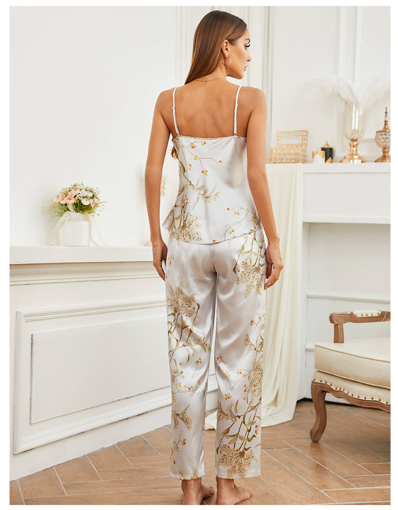 Print Pajamas Suit Spring Summer Strap Trousers Two Piece Summer Thin Ice Silk Home Wear Women