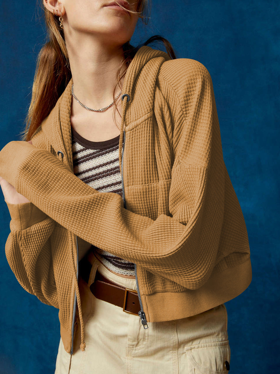 Autumn Casual Sweatshirt Women Slimming Hooded Zip Cardigan Waffle Solid Color Short Coat