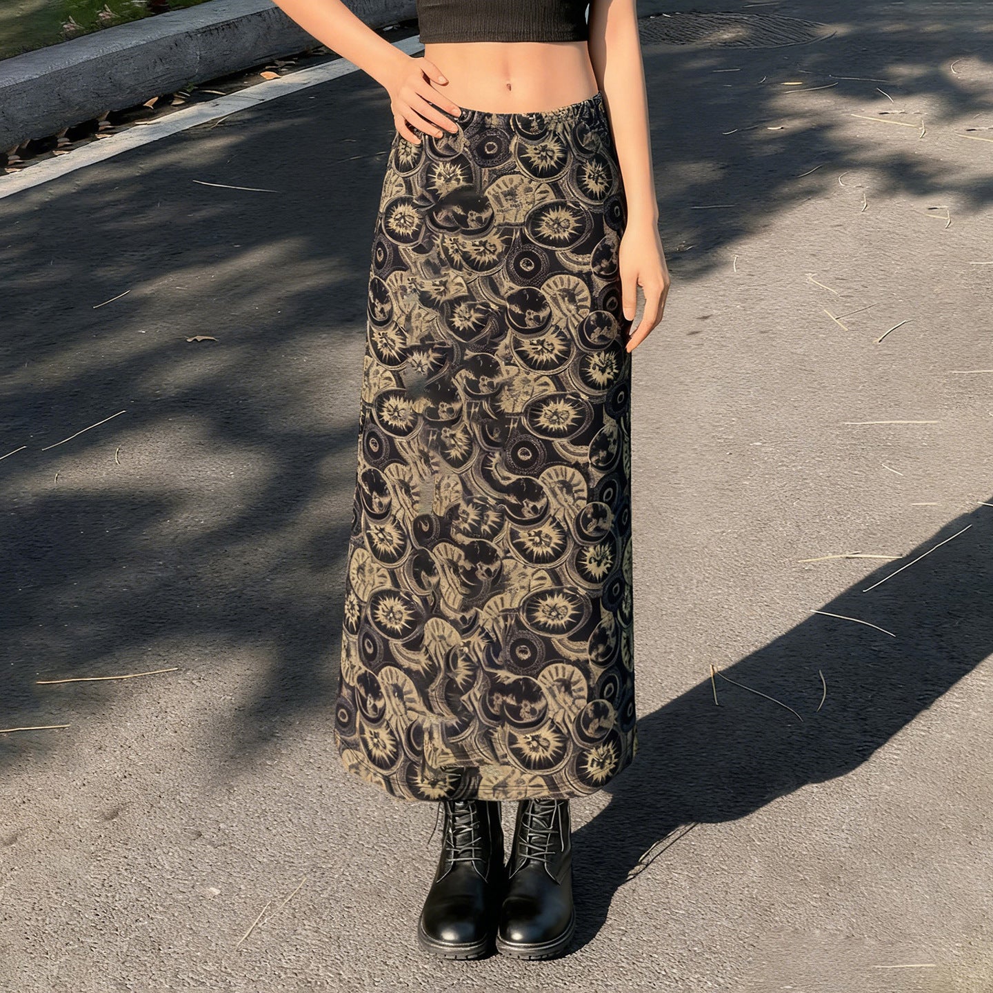 Ethnic Print Distressed Retro High Waist Cover Slimming Spring Summer Elegant Circle Maxi Skirt