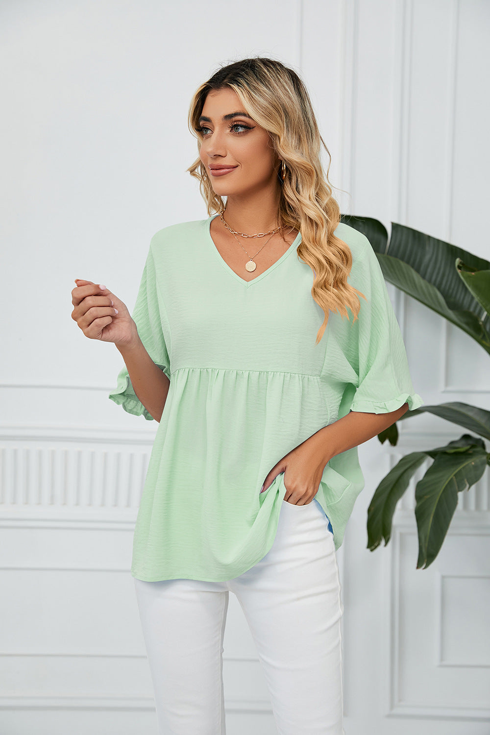 Summer Solid Color V-neck Loose Pleated Stitching Half Sleeve Chiffon Blouses for Women