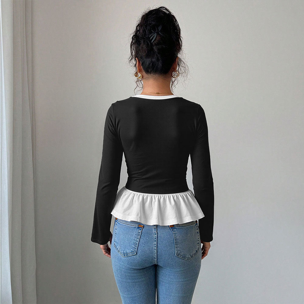 Autumn Winter Contrast Color Stitching Faux Two Pieces Lace Long Sleeved Top Slim Fit round Neck Base T shirt