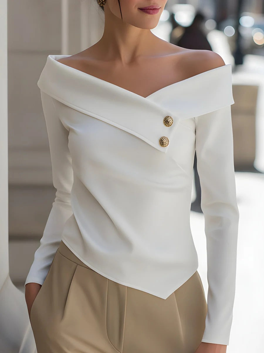 Women Clothing Spring Autumn Elegant Graceful off Shoulder Bottoming Long Sleeve Solid Color