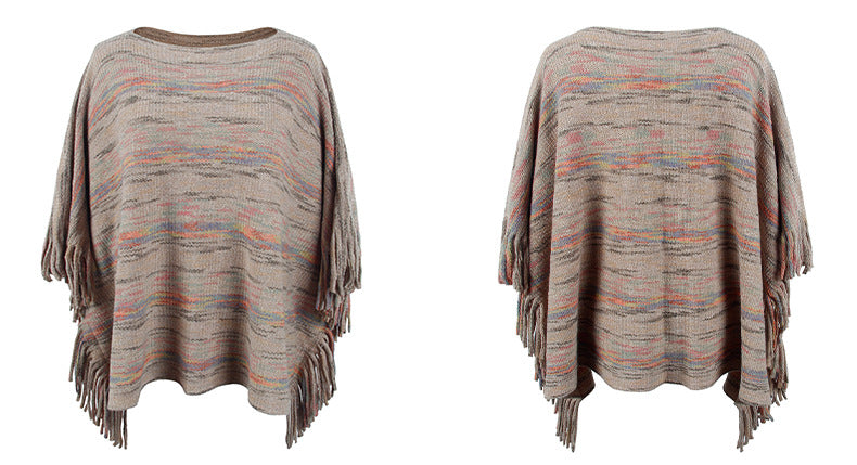 Tassel Cape Shawl Women Autumn Winter Outerwear Striped Knitted Cape