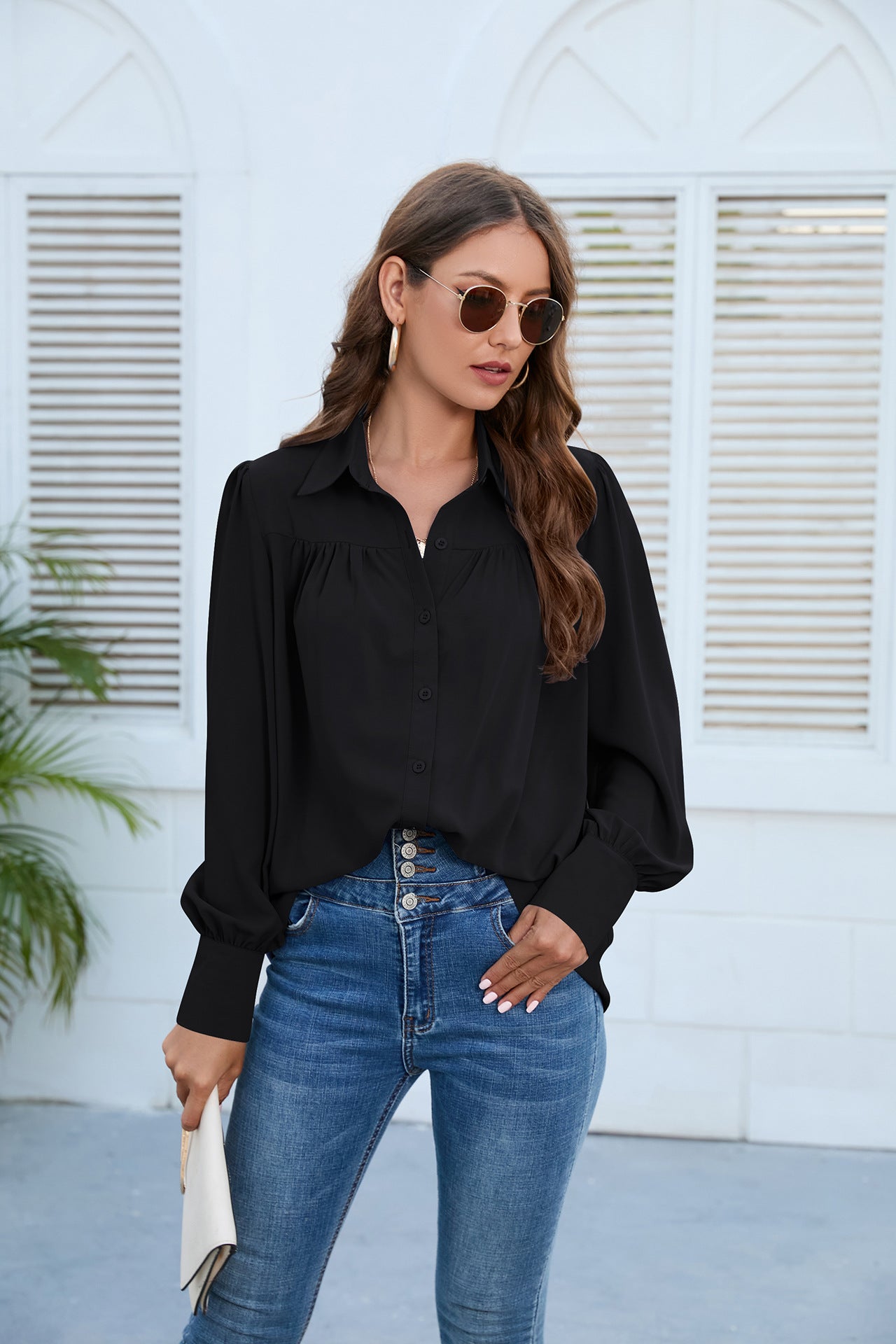 Women Clothing Spring Autumn Chiffon Shirt Women Shirt Pleated Long Sleeved Top Women