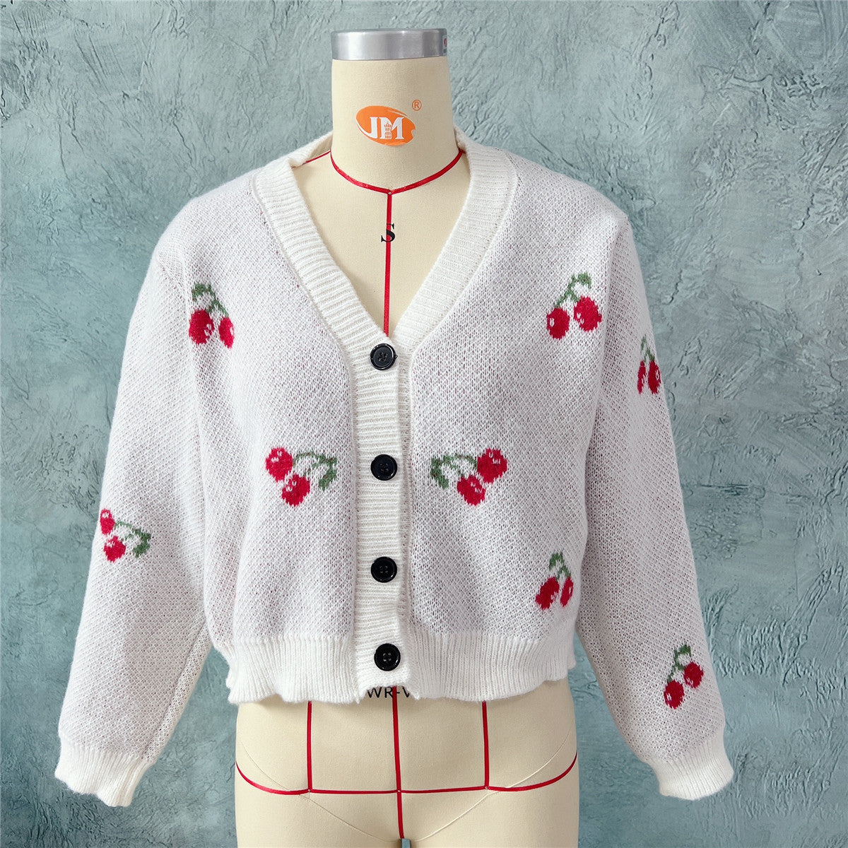 Autumn Winter Small Coat Single-Breasted Long Sleeve Short Sweater Cardigan for Women Sweet Cute Cherry Pattern