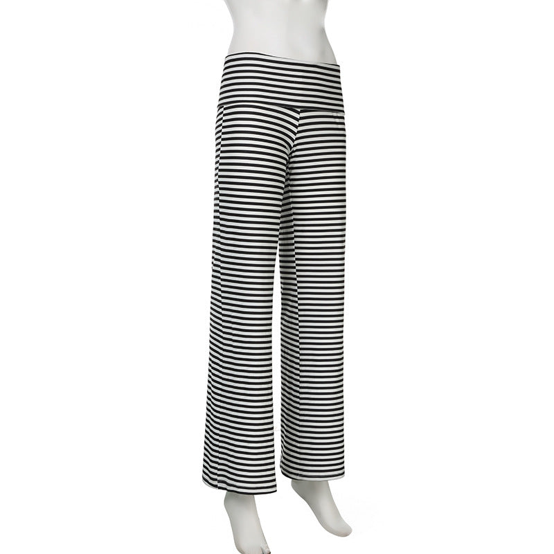 Casual Women Clothing Turn over Waist Striped Color Matching Straight Wide Leg Pants Home Comfortable Loose Trousers