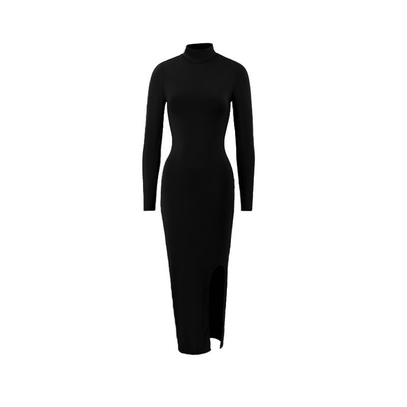 Autumn Elegant Socialite Private Clothes Stand Collar Long Sleeve Slim Sheath Split Dress Delivery
