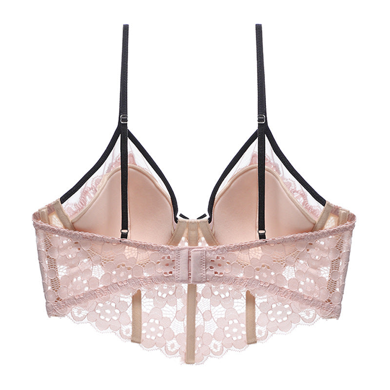 Sexy Underwear Thin Cup Braces Vest Bra Push up Crocheted Lace Long Bra Set