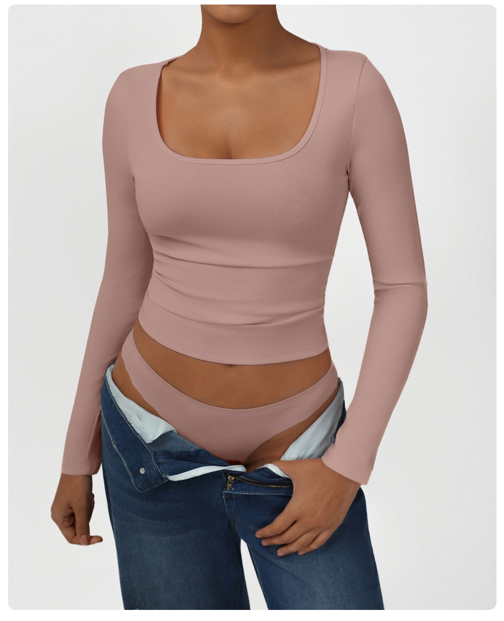 High Elastic Tight T shirt Casual Sports Top Square Collar Sexy Solid Color Long Sleeve Yoga Jacket
