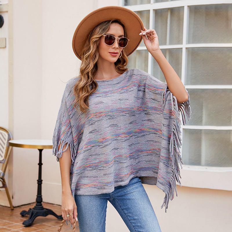 Tassel Cape Shawl Women Autumn Winter Outerwear Striped Knitted Cape