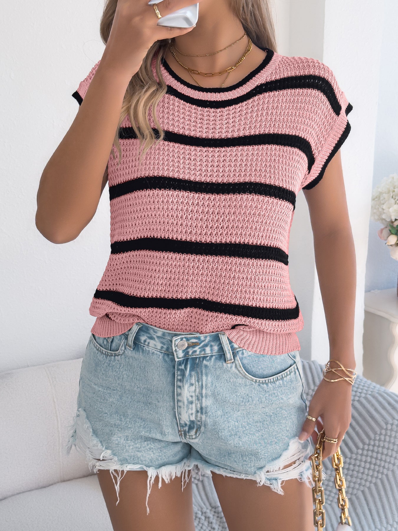 Spring Summer Contrast Color Striped Casual Loose Sweater Top Stand Alone Women Clothing