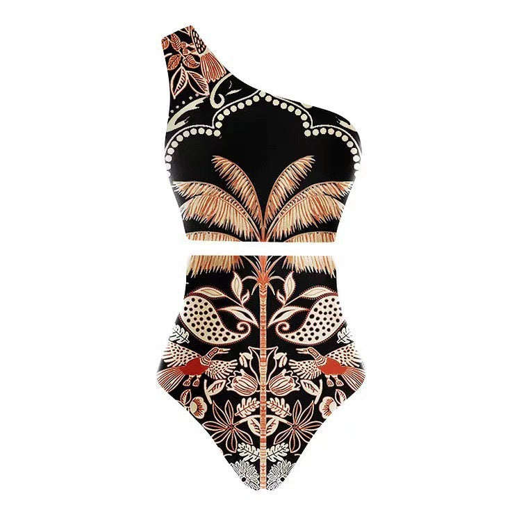 Lonkey Swimwear Retro Printed Mesh Trousers Conservative Swimwear Bikini