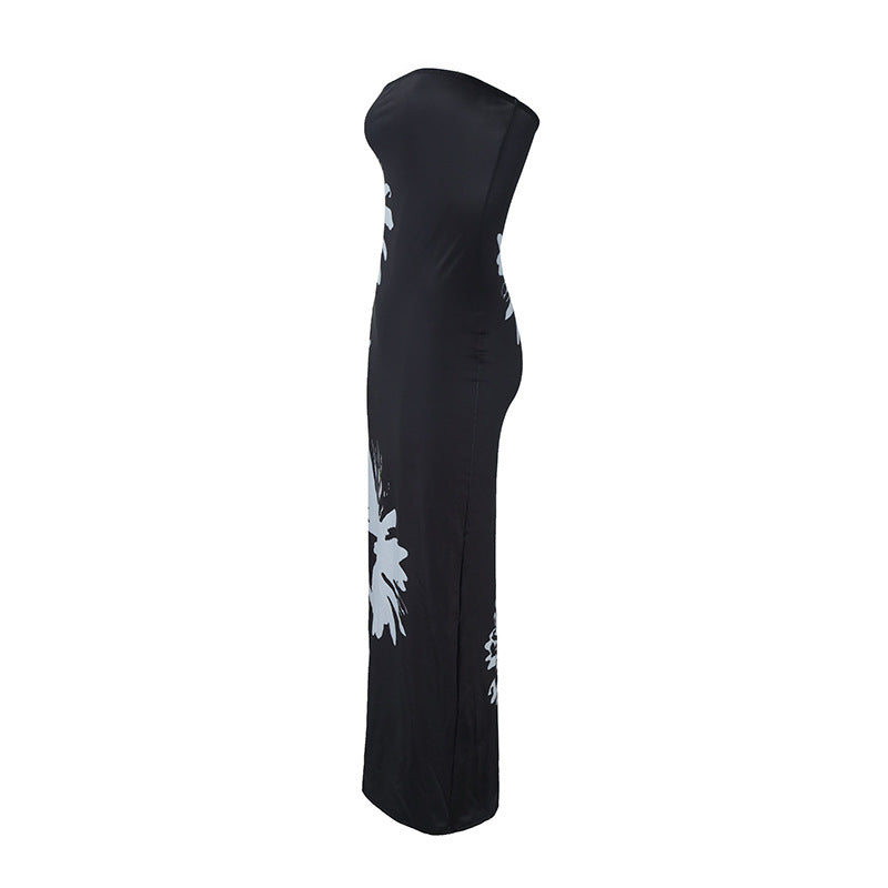Women Clothing Summer Slim Fit Sexy Tube Top Printed Maxi Dress Straight Hair