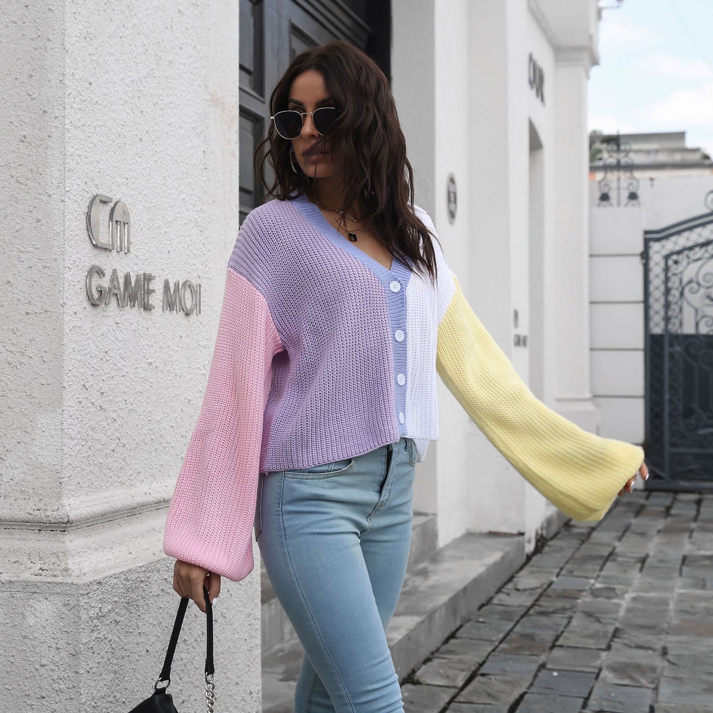 Color Stitching Knitted Cardigan Contrast Color Sweater Women Loose Long Sleeve Short Coat Women Clothing