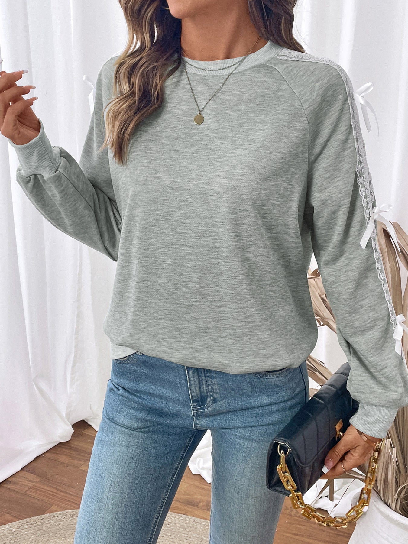 Casual Sweet Top Bow Lace Stitching Gray Long Sleeves Autumn Sweatshirts