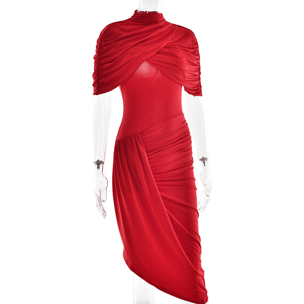 Elegant Slim Pleated Dress Sexy Backless Sheath Women Dress